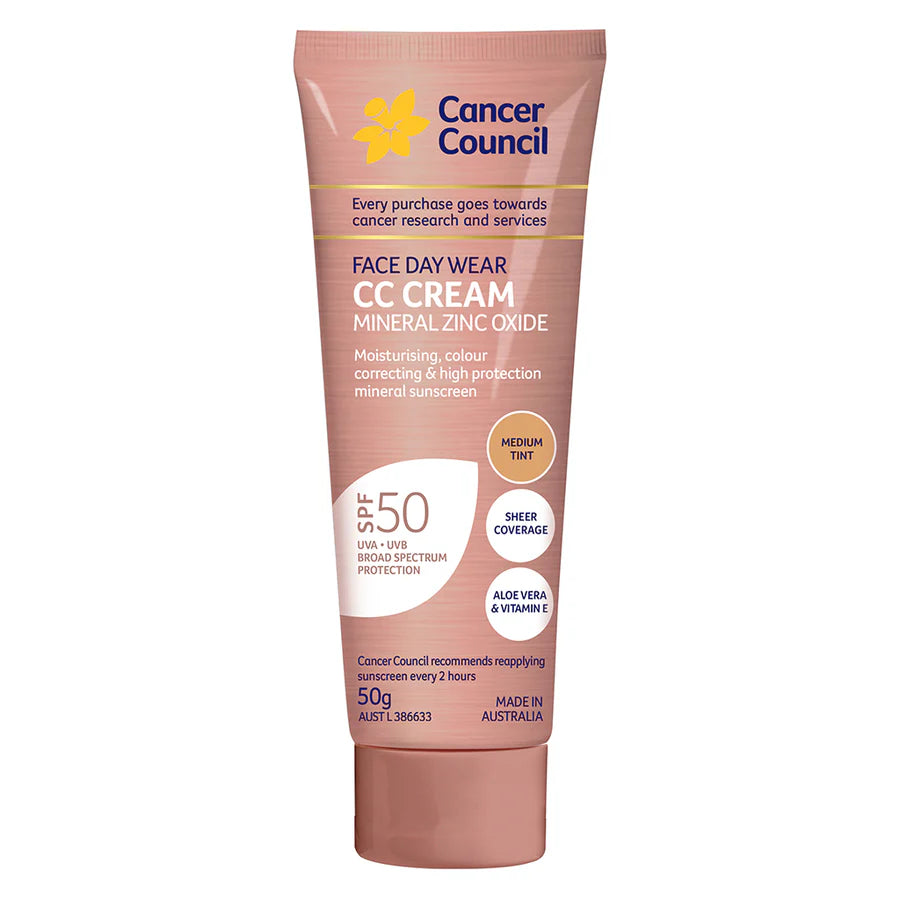 Cancer Council 50g Face Day Wear Cc Cream Spf 50 3 In 1 Sunscreen Moisture Light Tint