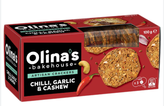 Olina's Bakehouse Artisan Crackers Biscuits Chilli Garlic & Cashew 100g