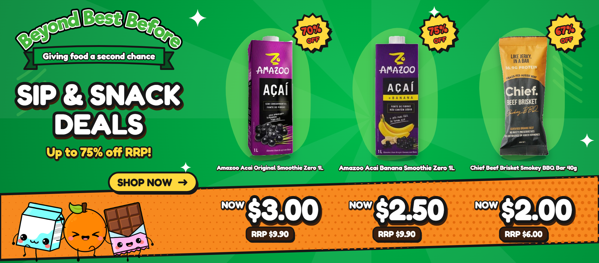 Sip & Snack Deals - Amazoo Acai Smoothies and Chief Beef Brisket Bar - up to 75% off RRP